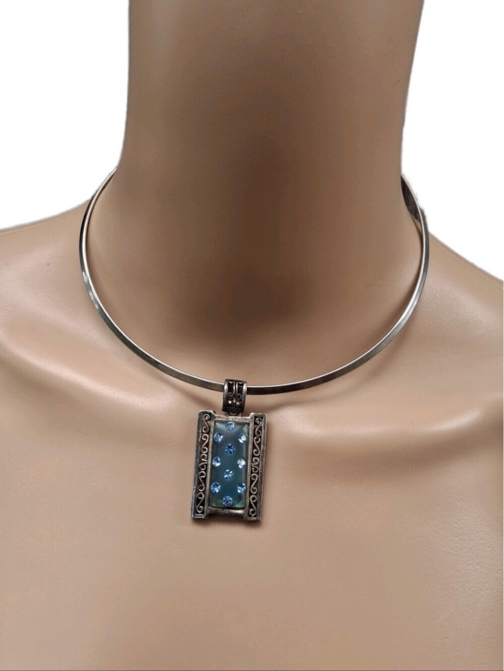 Vintage Antiqued Silvertone Torque Collar Necklace Blue Rhinestone Pendant
